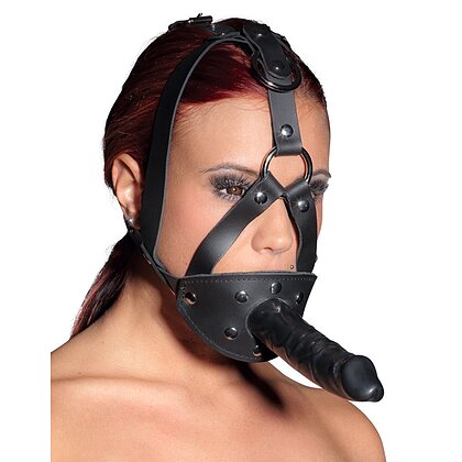 Leather Head Harness with Dildo Negru