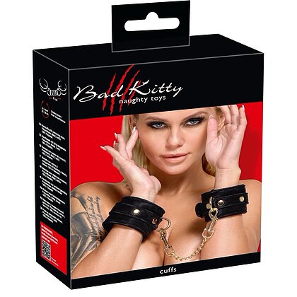 Cătușe Bad Kitty Negre Catifelate cu Lanț Auriu Detașabil