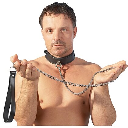 Lesă Metalică Mâner Piele Negru