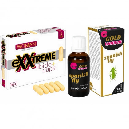 Pachet Capsule Femei eXXtreme Libido Afrodisiac 5buc + Afrodisiac Spanish Fly Strong Gold Women 30ml